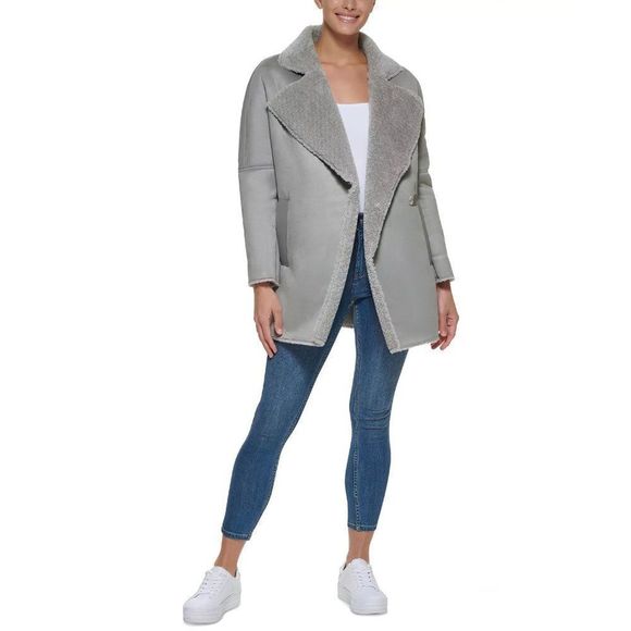 Calvin Klein Women's Faux Fur Long Sleeve Shearling Coat Gray - Picture 12 of 12